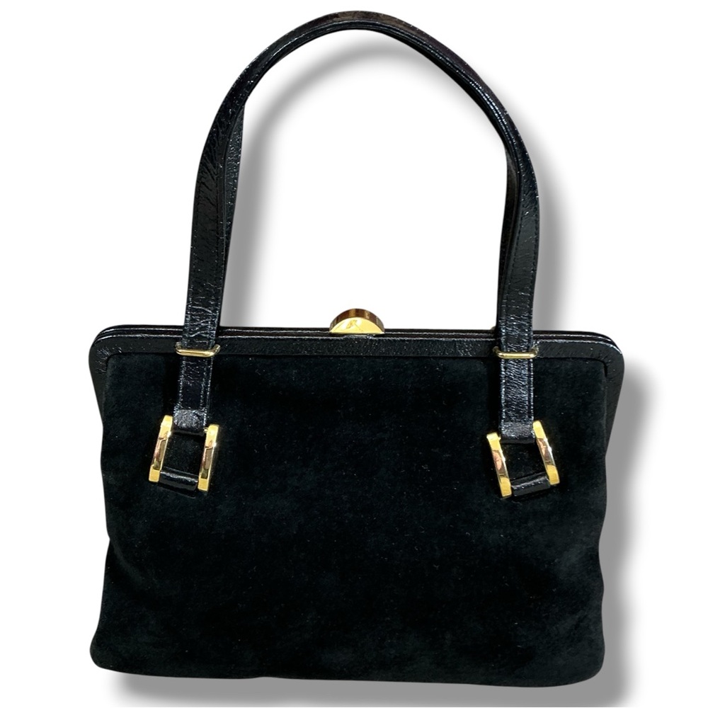 Classic Black Suede Shoulder Bag with Gold Hardware
